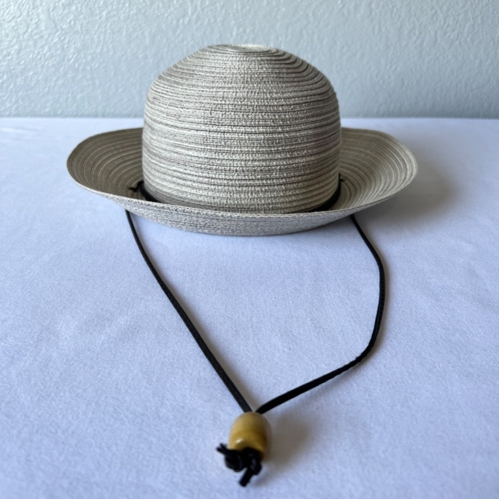 *FIRM PRICE* Scala gray and tan woven hat with leather strap and drawstring inte - Picture 2 of 15